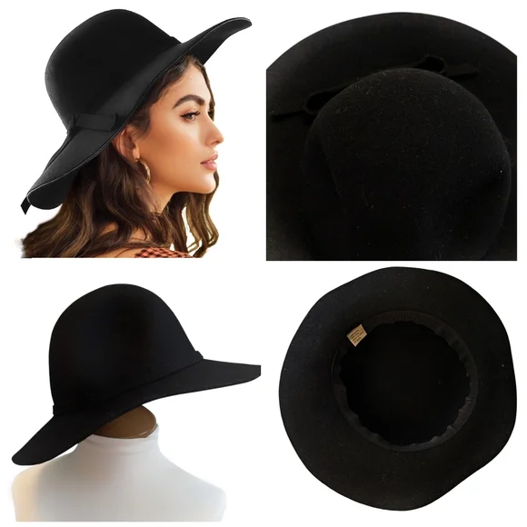 FEDORA Hat Black Wool Vintage Felted Bohemian Round Dome - Picture 1 of 9